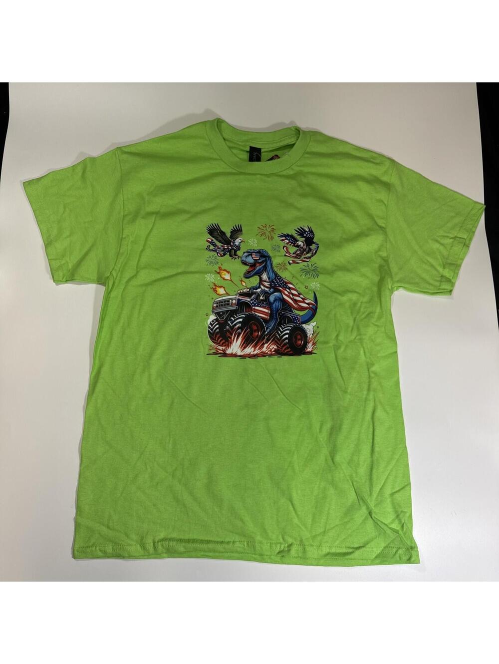 Monster Truck Dinosaur Patriotic Tee Boys Green T-shirt Size Medium 4th Of July